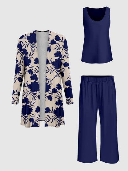 Plus Size, A three-piece set of Women's plus-size elegant floral print top and solid-color vest pants