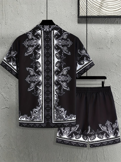Men'S Suit with a Baroque Print Short-Sleeve Button-Up Shirt And Drawstring Side Pocket Shorts, Two-Piece Loungewear Set.