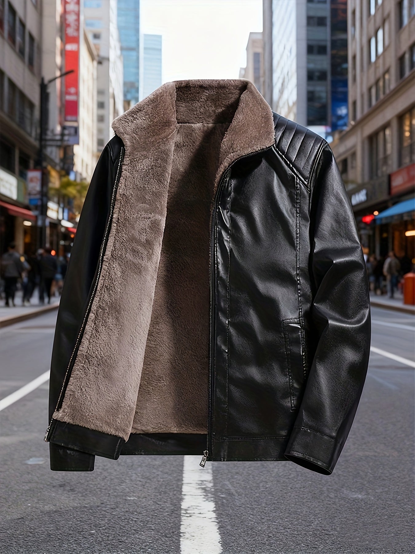 Men's Faux Leather Fleece-Lined Jacket with Stand Collar