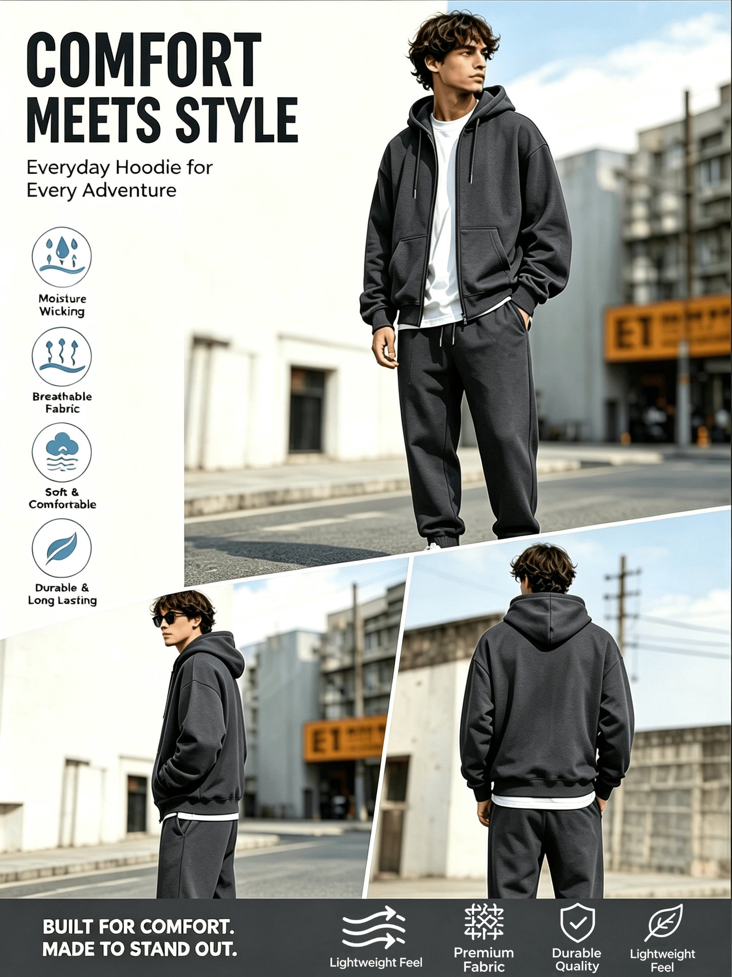 Men's Lightweight Polyester Zip-Up Hoodie Jogger Set
