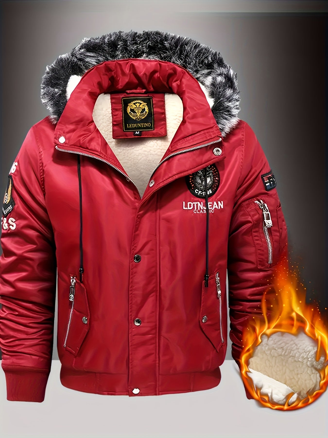 Men'S Heavyweight Winter Jacket with Detachable Hood & 3D Lettering - Full-Zip Windproof Coat, Multi-Pocket Design, Machine Washable