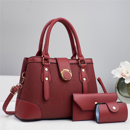 Women's 3-Piece Striped PU Handbag Set with Detachable Strap
