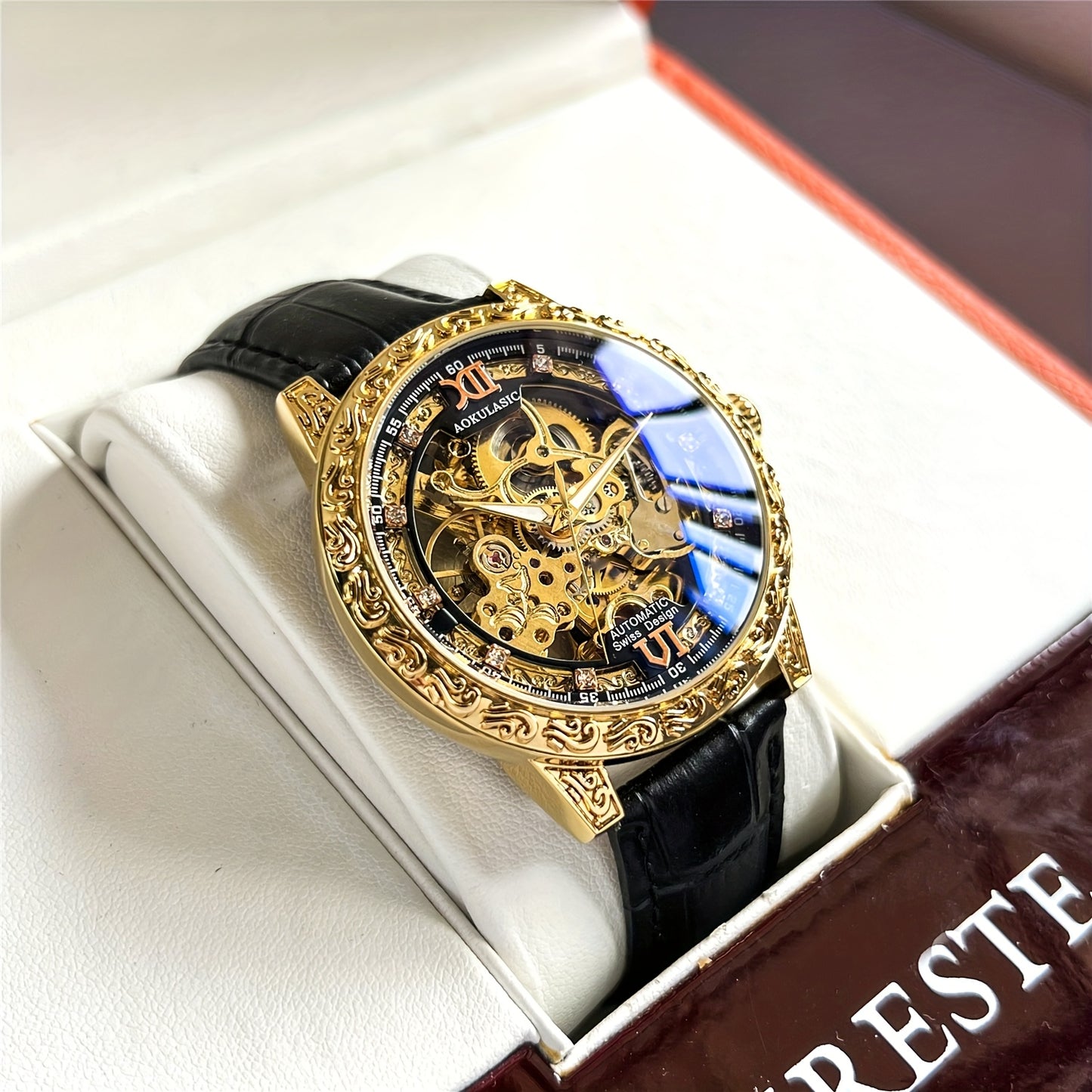 Vintage Hollow Carved Automatic Mechanical Men'S Watch, Fashionable Luxury Men'S Watch, High-end Thickened Mechanical Style Hip-Hop Party Wristwatch, Without Battery