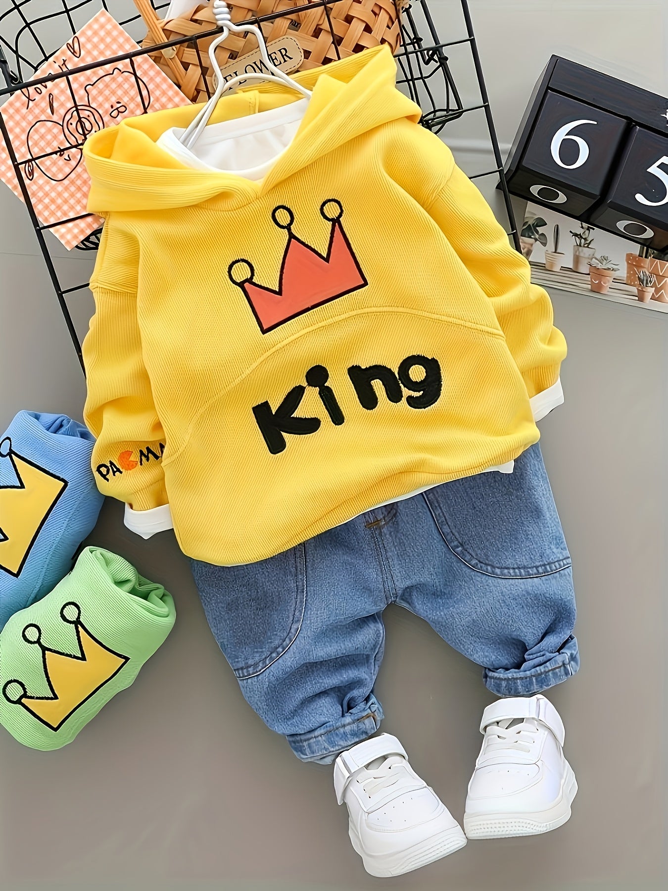 Boys Cotton Crown Print Hoodie & Denim Pants Set for Spring-Fall