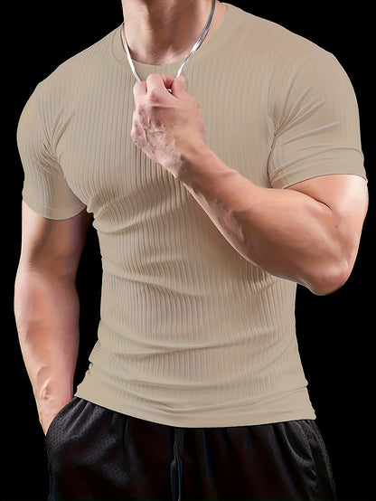 Men's Slim Fit Ribbed Short Sleeve T-Shirt - Stretchy Athletic  Casual Wear, Green, Round Neck, Machine Washable, Muscle-Enhancing Design, Gym Shirts
