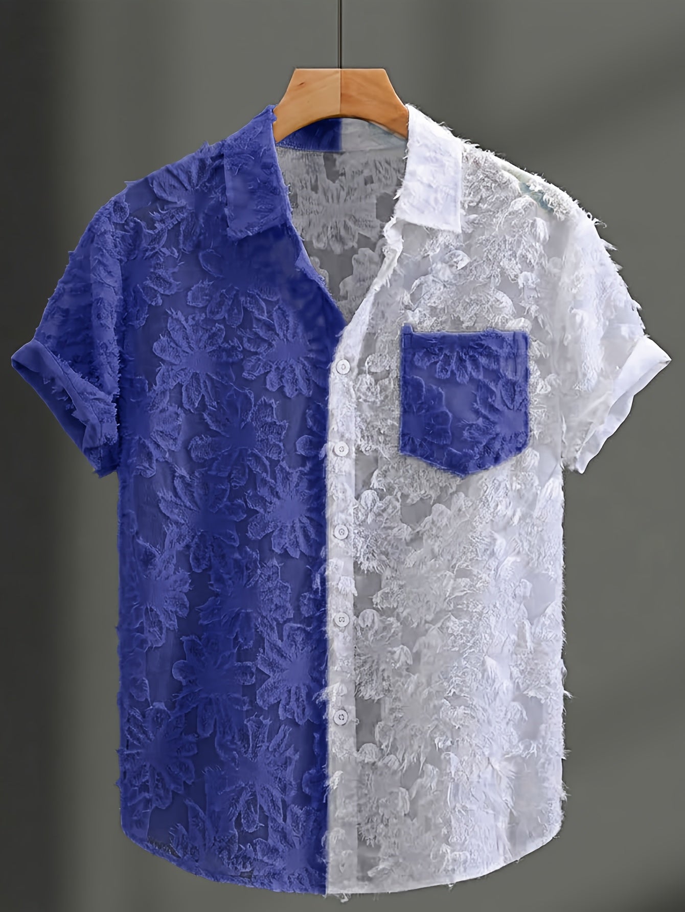 Men's Casual Sheer Lapel Collar Short Sleeve Shirt for Summer