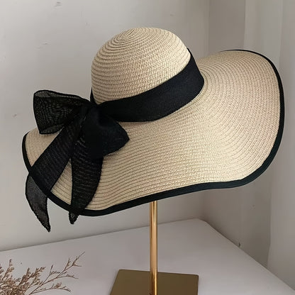 Elegant Women'S Wide Brim Straw Sun Hat with Black Bow - Stylish & Breathable Beach Hat for Summer, Ladies' Beach Accessory with Paper Straw Design, Beach Accessories|Bowknot Adornment|Paper Straw Material