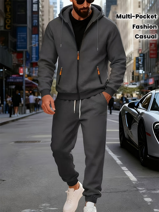 Men's Fashion Casual Sportswear Set with Cardigan, Multi-Pocket Decorative Sweatshirt, Hooded Top and Bottoms