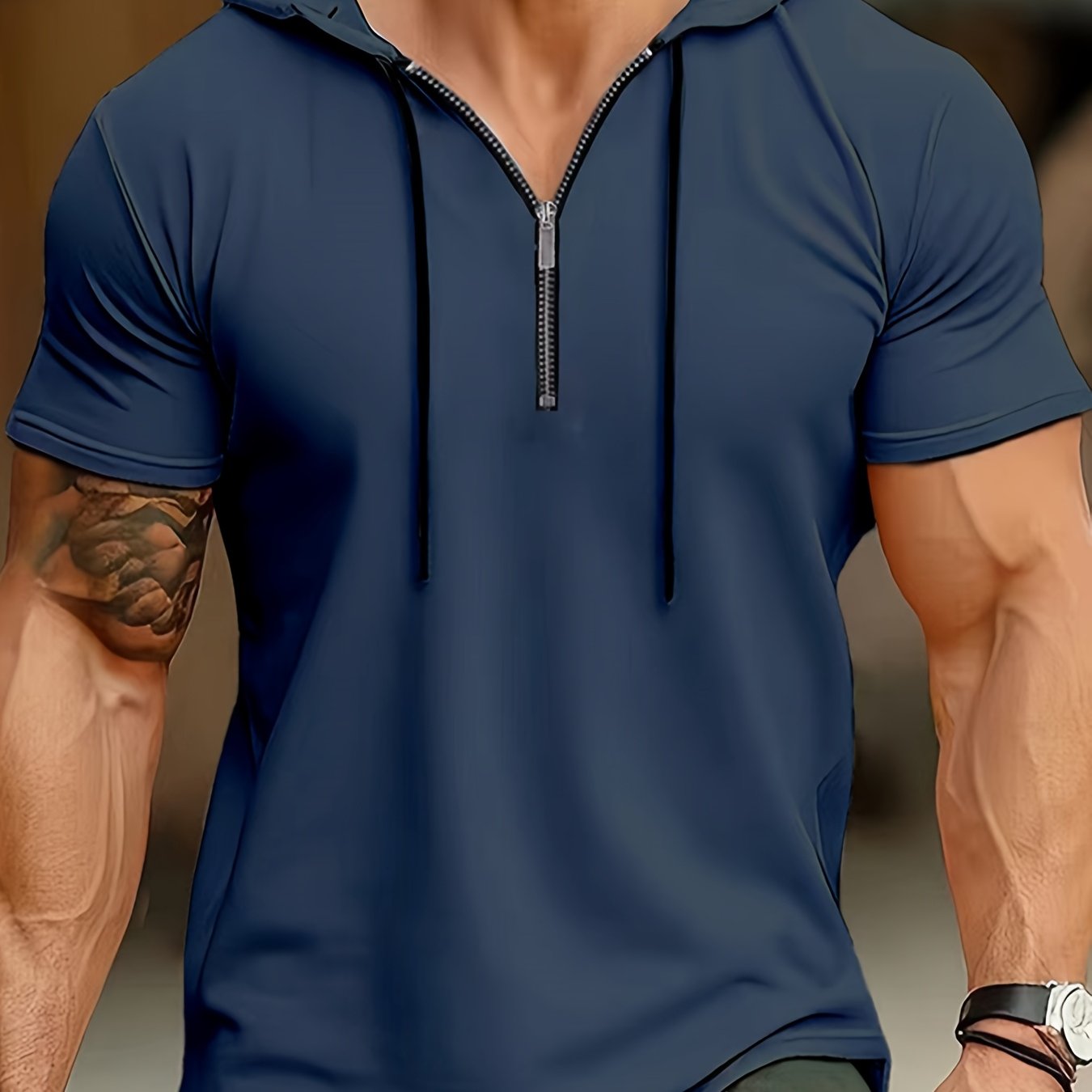 1pc Men's Light Blue Casual Hooded Short Sleeve T-Shirt with 1/4 Zipper, Breathable Stretch Fabric for Gym, Outdoor  Summer Wear, Gym Apparel, Stylish Contrast Detailing, Comfortable Fit