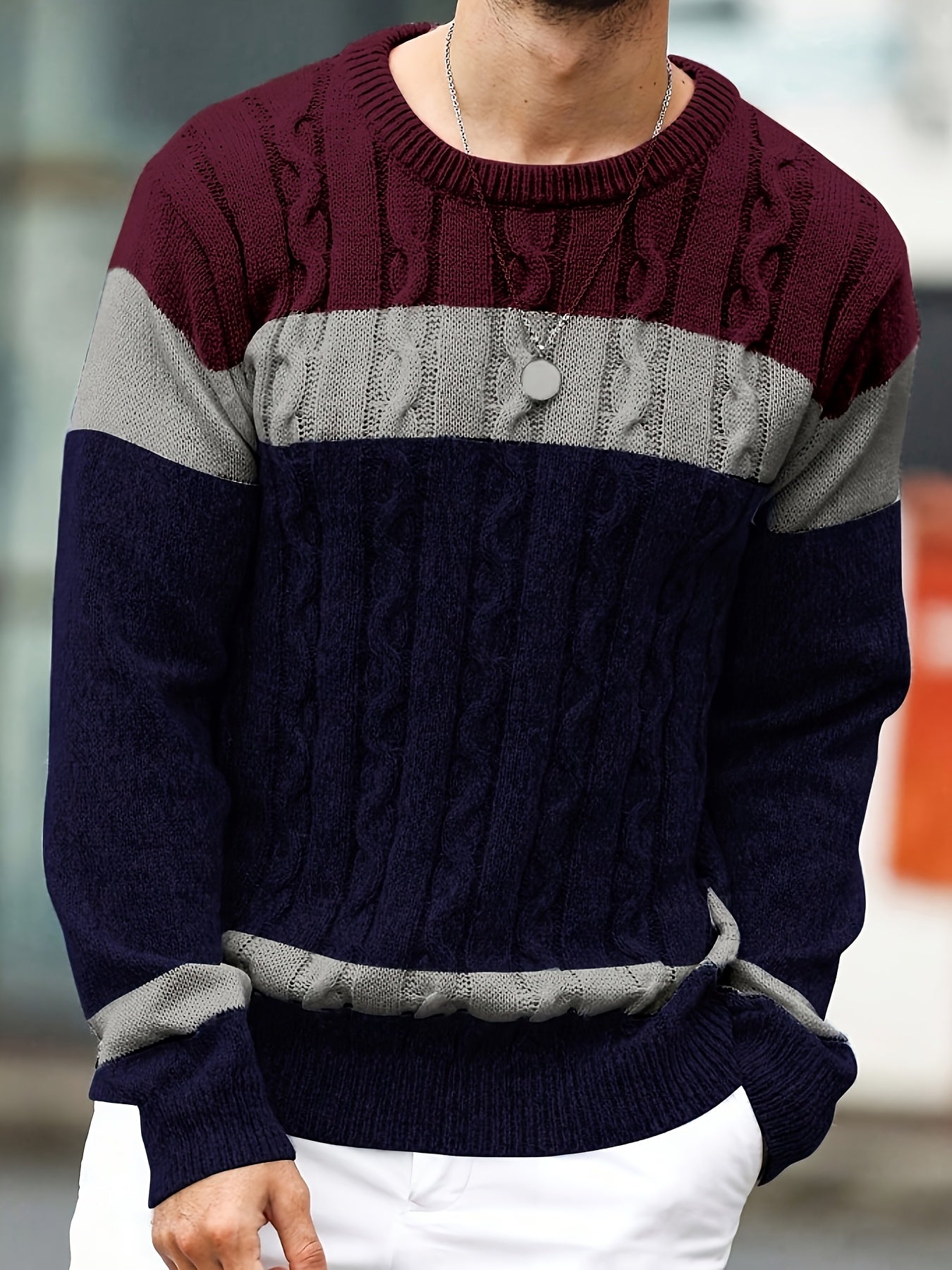 Men's Autumn/Winter Casual Color-Block Twist-Knit Pullover Sweater