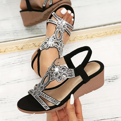 Vibrant Comfort   Bohemian Style Women's Rhinestone Wedge Sandals, Open Toe Platform Heel with Elastic Strap, Summer Beach Music Festival Slip-On Shoes, Man-Made Upper/Inner/Insole, TPR Sole, Beach Sandals   Toe Post Sandals