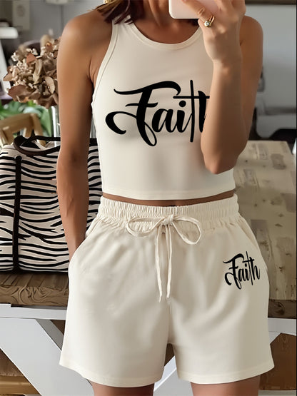Women's Casual Two-Piece Set with English Print & Wide Leg Pants