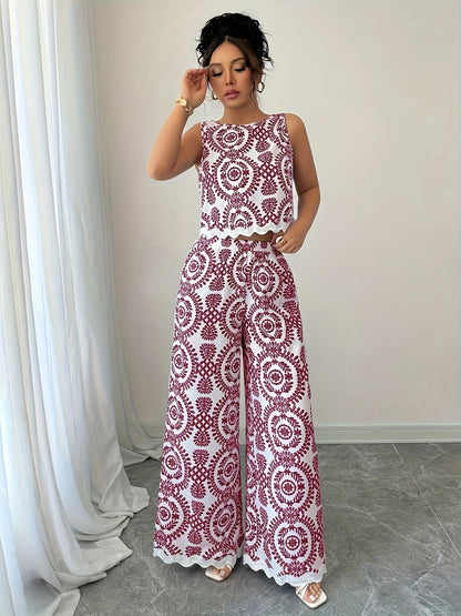 2pcs Women's Plant Pattern Round Neck Sleeveless Top and Pants Set
