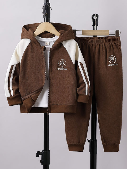 Boys' Casual Hooded Zip-Up Jacket & Pants Set for Spring/Fall