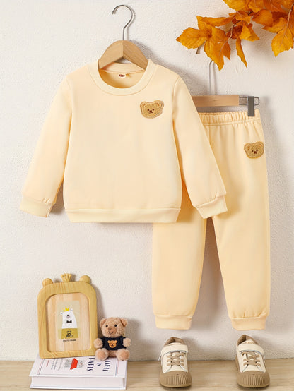 2pcs, Boys' Round Neck Sweatshirt Set, Suitable for Boys Aged 1-8, Fashionable Cartoon Bear Patch, Slightly Stretchy Fabric, Warm Fleece-Lined for Autumn and Winter, Ideal for Casual Sports Wear, Minimalist Style Perfect as a