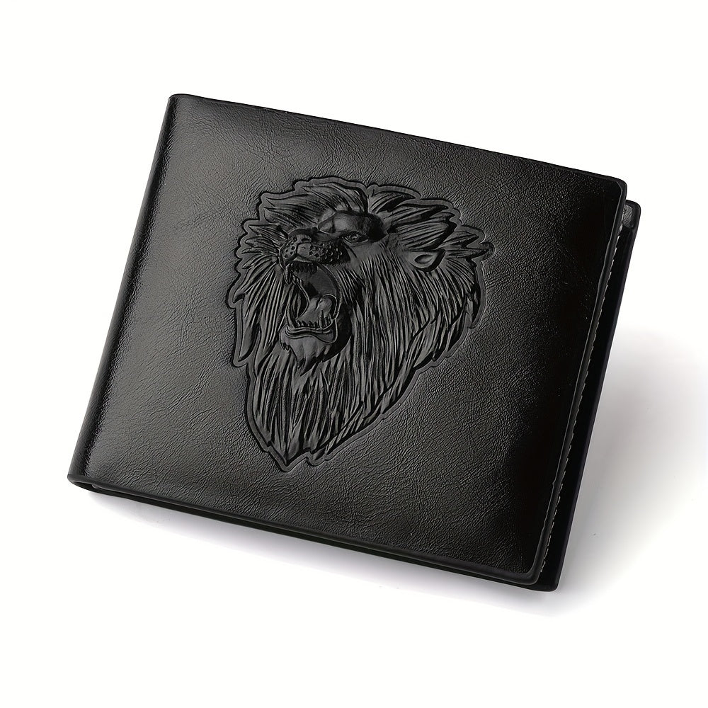1pc Men's Lion 3D Embossed Pattern Wallet, Business PU Leather Wallet