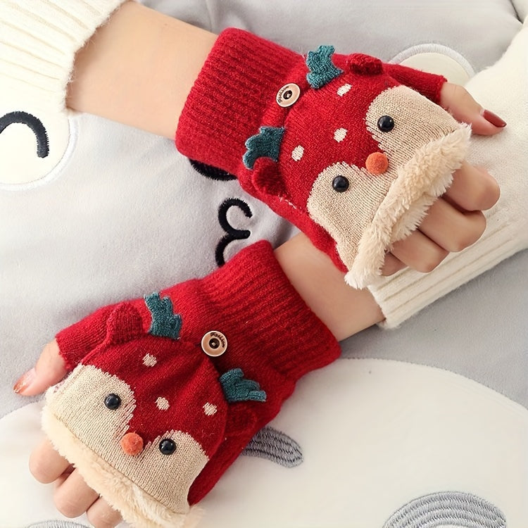 Women's Christmas Reindeer Flip-Over Gloves - Thick Warm Winter Gloves with Festive Snowflake & Reindeer Design, Non-Elastic for Indoor/Outdoor Use, Hand Wash/Dry Clean, Holiday Outdoor Wear, Warm Fabric