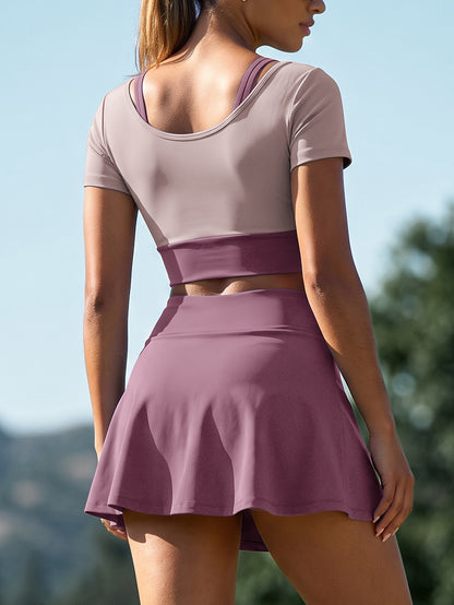 Women's Summer Colorblock Sports Set with Built-in Bra & Skirt