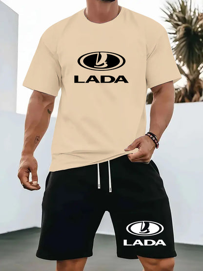 Men'S Summer Casual Sport Two-Piece Set - LADA Letter Pattern Print T-Shirt and Black Drawstring Shorts, Casual Sportswear, Regular Fit - Perfect for Summer Outdoor