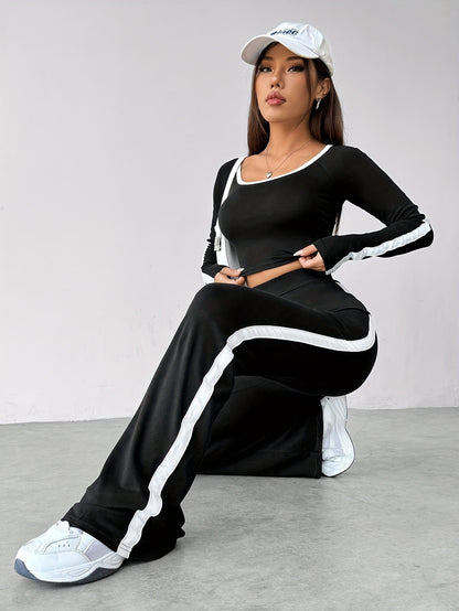 Round-neck Long-sleeve Top/elastic Waistband Trousers Set