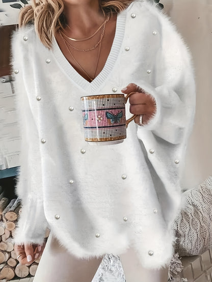 Plus Size - Women'S Cozy Yellow V-Neck Sweater with Pearl Buttons & Fleece-Lined Cuffs - Asymmetrical Hem, Geometric Pattern, Casual Winter Pullover for Casual Attire, Winter Apparel | Vneck Sweater | Pearl Button Details, Sw