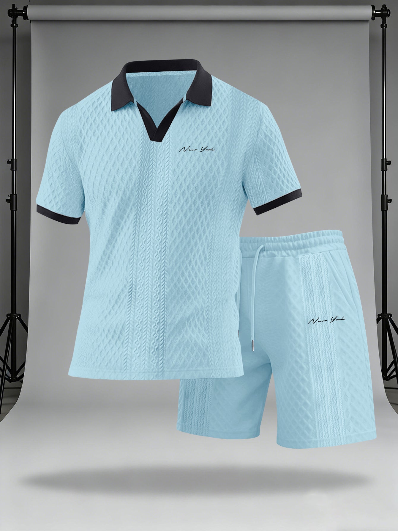 Men's Casual Summer Knitted Polo Set with Geometric Pattern