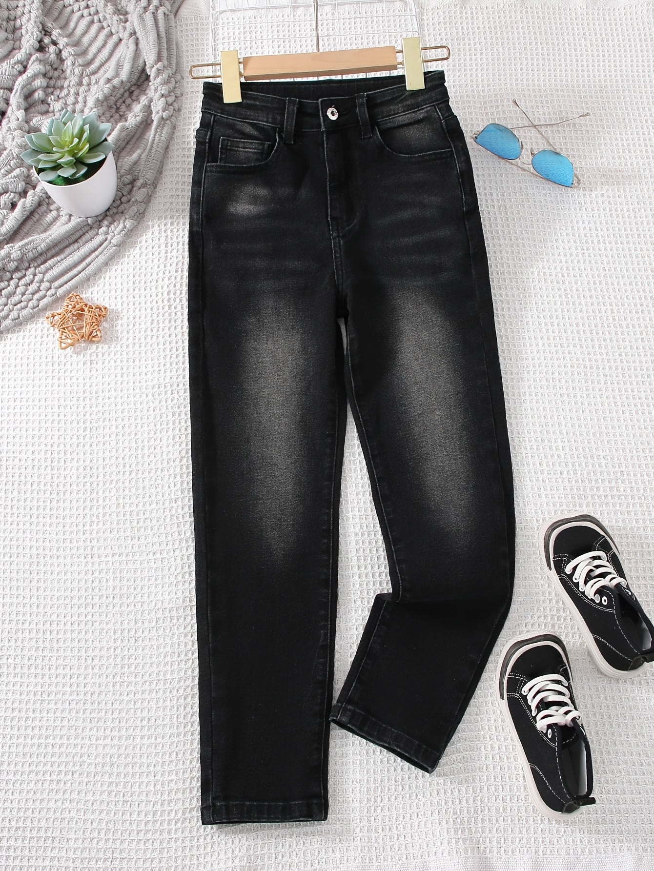 Youth Mid-Waist Straight Denim Jeans for Teens, All-Season