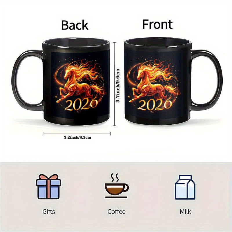 1pc 11oz Chinese New Year of the Horse 2026 Ceramic Mug - Glossy Black & Fire Horse Design Coffee Cup with Auspicious Red/ Horses, Hand Wash Only, Reusable Gift for Home, Office, Travel, Lunar New Year Celebrations