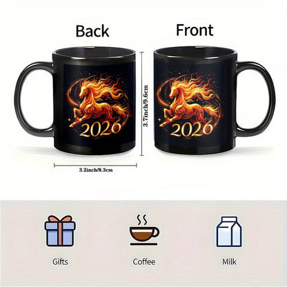1pc 11oz Chinese New Year of the Horse 2026 Ceramic Mug - Glossy Black & Fire Horse Design Coffee Cup with Auspicious Red/ Horses, Hand Wash Only, Reusable Gift for Home, Office, Travel, Lunar New Year Celebrations