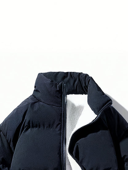 Yilong OBM Men's 2025 Fleece-Lined Winter Coat - Stand Collar Padded Insulation, Machine Washable Polyester, Solid Color Casual Jacket with Zipper Closure for Cold Weather, Winter Jacket, Outdoor Clothing, Minimalist Design,