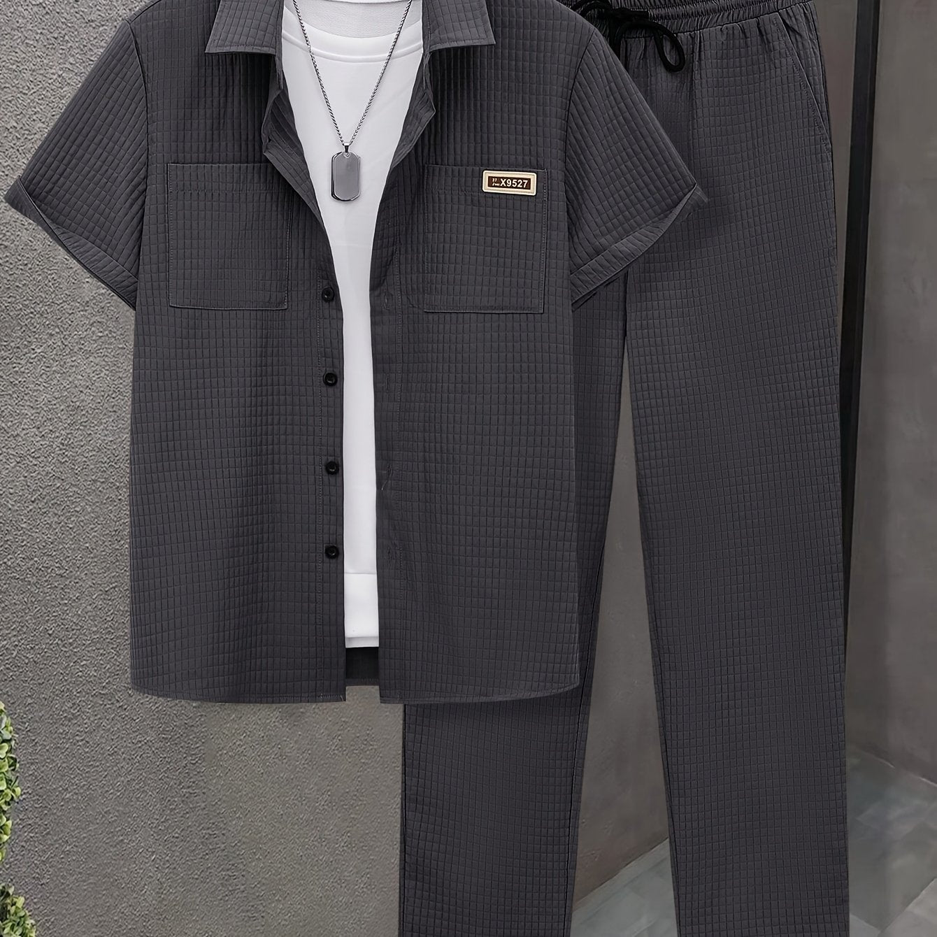 Summer Men'S Casual Bread Pattern Texture Short Sleeve Long Pants Shirt Set, 100% Polyester, Double Pocket Shirt, Turnover Woven Top Can Be Machine Washed and Dry Cleaned