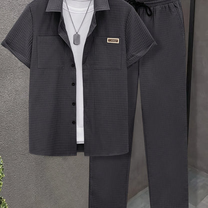Summer Men'S Casual Bread Pattern Texture Short Sleeve Long Pants Shirt Set, 100% Polyester, Double Pocket Shirt, Turnover Woven Top Can Be Machine Washed and Dry Cleaned