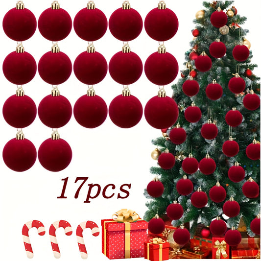 17pcs Christmas Tree Ornament Set, Velvet-Touch Flocked Material, Festive Hanging Balls for Christmas Tree Decorations, Elegant Red Velvet Christmas Ornaments, Suitable for Party Christmas Tree Decor, Christmas Tree Ornaments