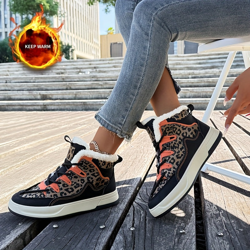 Women'S Stylish Leopard Print Winter Sneakers - Warm Fleece-Lined Casual Shoes with Thick Cushioned PVC Sole, Black & Orange Design, Perfect for Fall/Winter, Winter Sneakers | Leopard Print Shoes | Durable PVC Sole