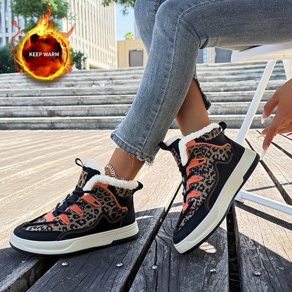 Women'S Stylish Leopard Print Winter Sneakers - Warm Fleece-Lined Casual Shoes with Thick Cushioned PVC Sole, Black & Orange Design, Perfect for Fall/Winter, Winter Sneakers | Leopard Print Shoes | Durable PVC Sole