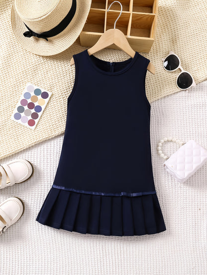 Girls' Sleeveless Navy Pleated Summer Dress, Casual Preppy Style