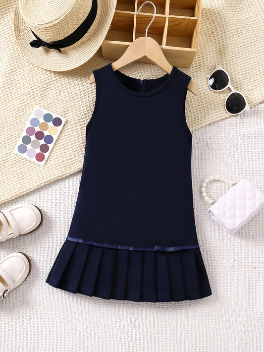 Girls' Sleeveless Navy Pleated Summer Dress, Casual Preppy Style