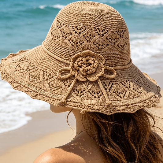Women's Floral Crochet Trim Bamboo Straw Bucket Hat for Summer