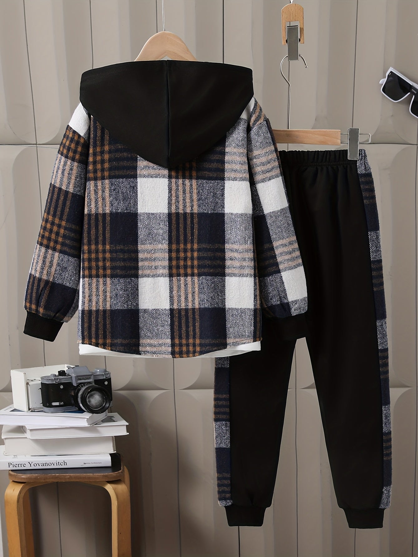 Boys' Fleece Plaid Hooded Long Pants Set, Perfect for Outdoor