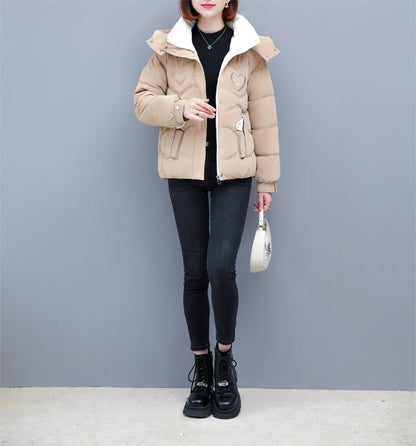 Women's Winter Hooded Jacket - Stylish Beige & White Zip-Up Coat with Heart Design, Warm Polyester Outerwear for Casual or Chic Looks, Winter Jacket