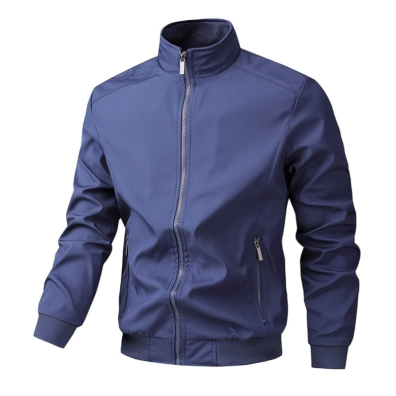 Men's Casual Royal Blue Bomber Jacket - Full Zip, Loose Fit, Polyester, Stand Collar, Long Sleeve, Lightweight & Durable for Spring and Fall, Casual Outerwear | Ribbed Cuff Sleeves | Durable Outerwear