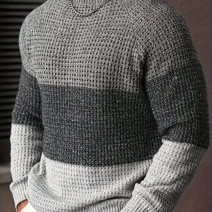 Men's Autumn and Winter Color Block Knit Sweater, Crew Neck Pullover
