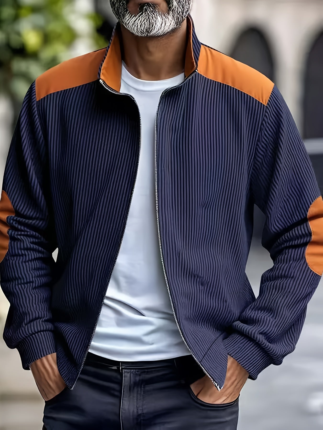 Men'S Long Sleeve Patchwork Fashion Warm Jacket, Corduroy Long Sleeve Warm Coat with Zipper Stand Collar Long Sleeve Casual Comfortable Autumn and Winter Style