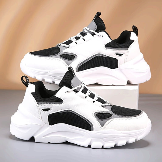 Men's Casual Athletic Sneakers, Lightweight Breathable Lace-Up EVA Sole Low-Top Sneakers, Black  White Color Block