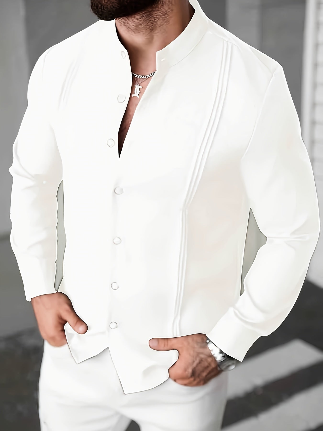 Men's Casual Stand Collar Long Sleeve Solid Color Shirt
