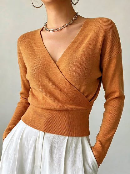 Women's Elegant Cross-Collar V-Neck Pullover Knitwear for Fall/Winter