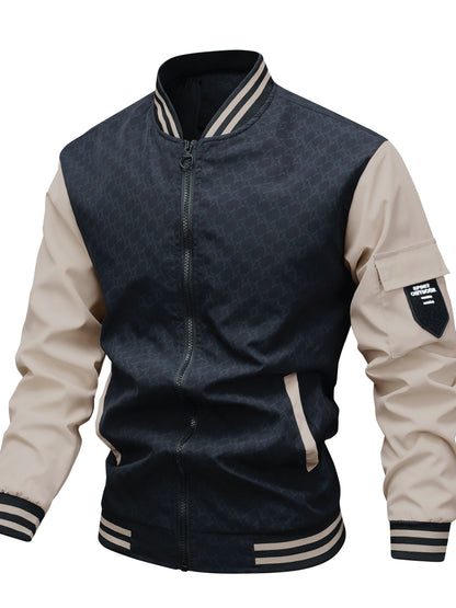 Men's Casual Autumn Jacket with Geometric Pattern, Polyester