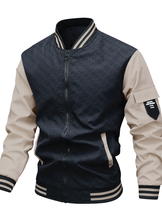 Men's Casual Autumn Jacket with Geometric Pattern, Polyester