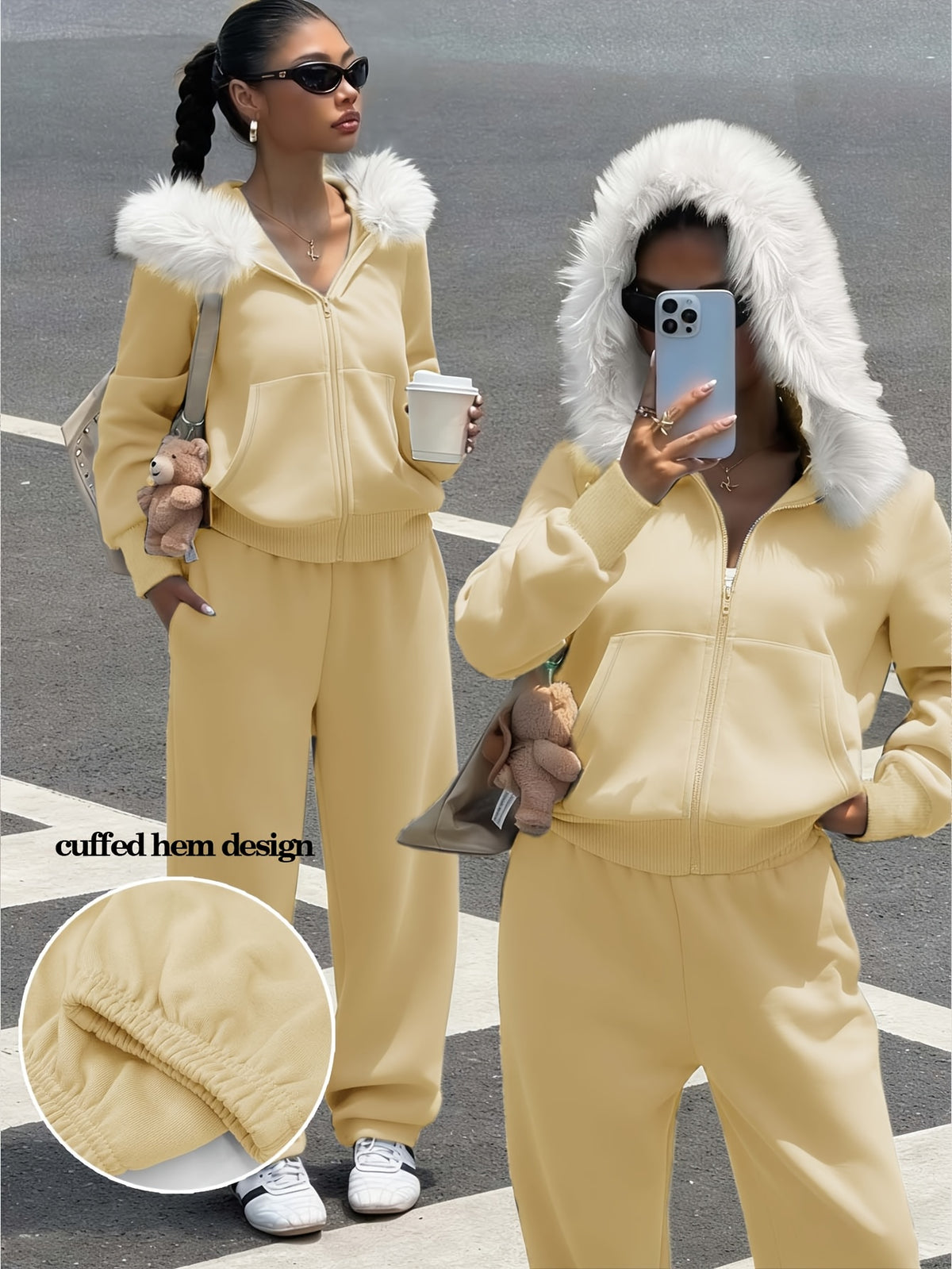 Women's Casual Polyester Hoodie & Wide-Leg Pants Set - ayq