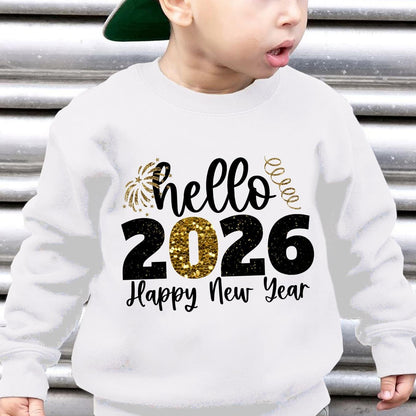Boys' 2026 New Year'S Eve Party Sweatshirt - Hello 2026 Happy New Year Fireworks Print, Loose Fit Long Sleeve Pullover with Golden Glitter Lettering, Casual Winter Warmth For Boys, New Year Sweatshirt, Festive Clothing, Playf